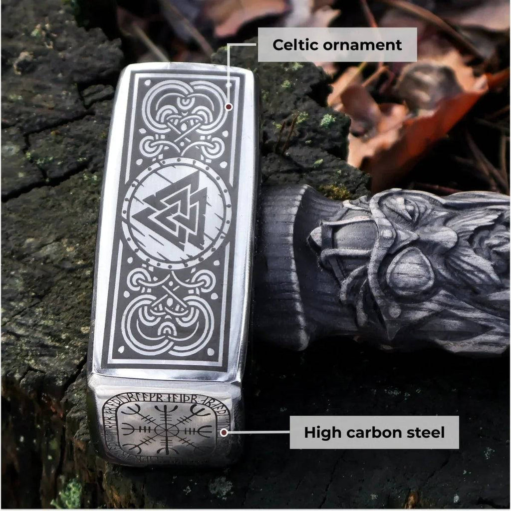 Cskforged Viking hunting knife with a detailed metal handle and sharp blade, designed for outdoor and hunting use.