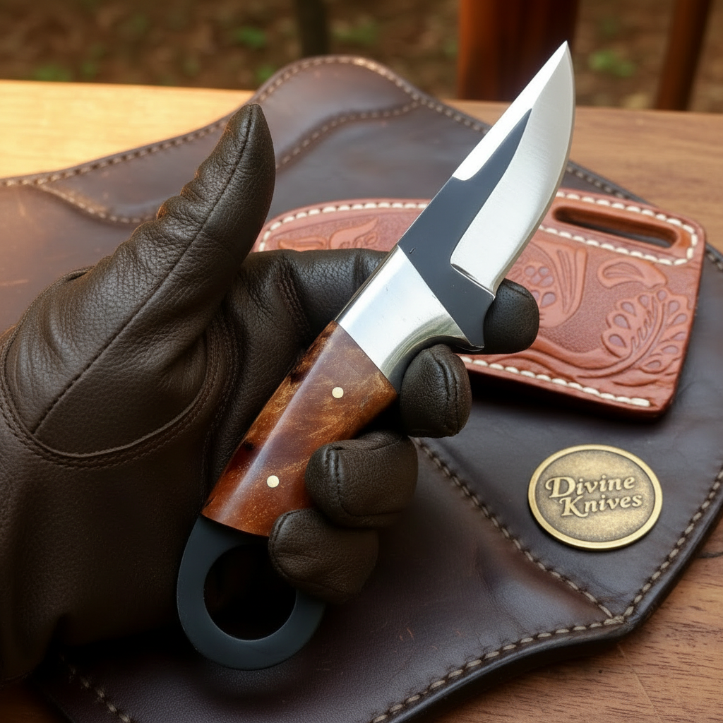 Brown Wood Ring Handle Skinner with Forged Drop Point Blade