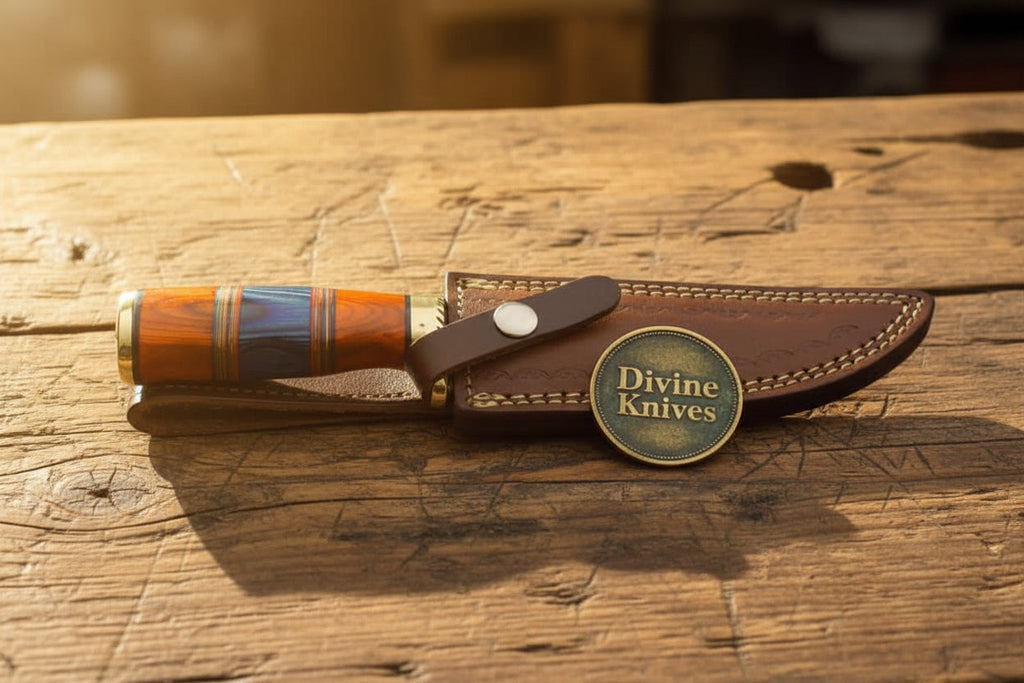 Multi Color Wood Damascus Knife with Brass Bolster Detailing