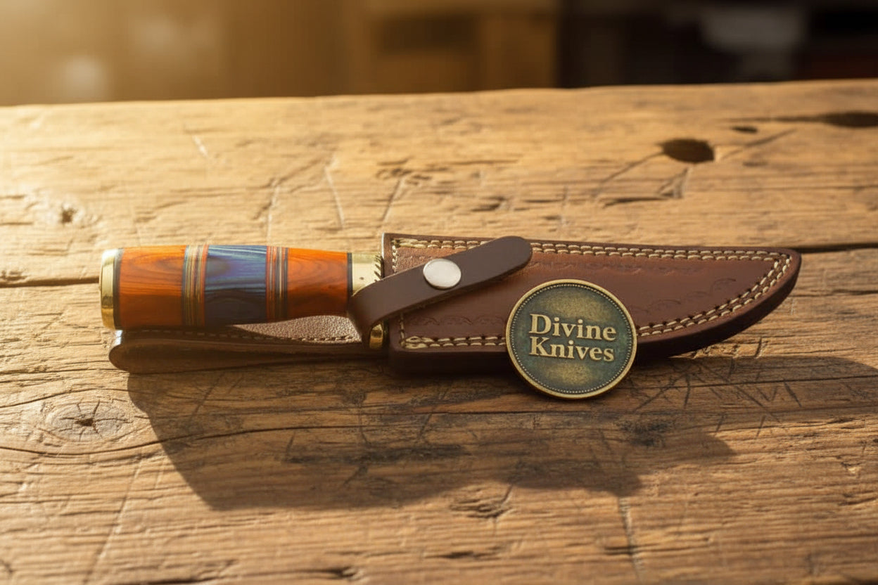 Multi Color Wood Damascus Knife with Brass Bolster Detailing