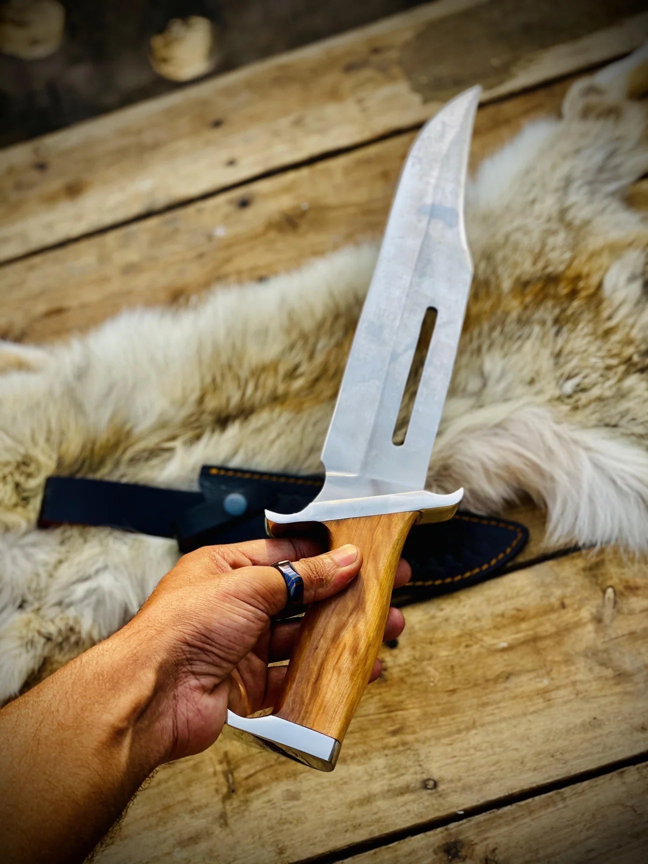 Custom Handmade 15” D2 Steel Rambo Bowie Knife with Olive Wood Handle & Steel Guard – Includes Leather Sheath