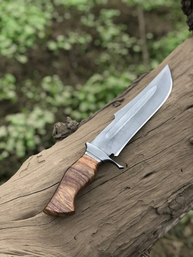 Custom handmade 15-inch D2 steel Bowie knife with acid wash finish, rosewood handle, and steel guard.