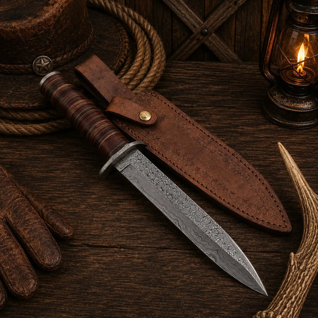 M3 Heritage Damascus Bowie Knife – Stacked Leather Handle & Sheath