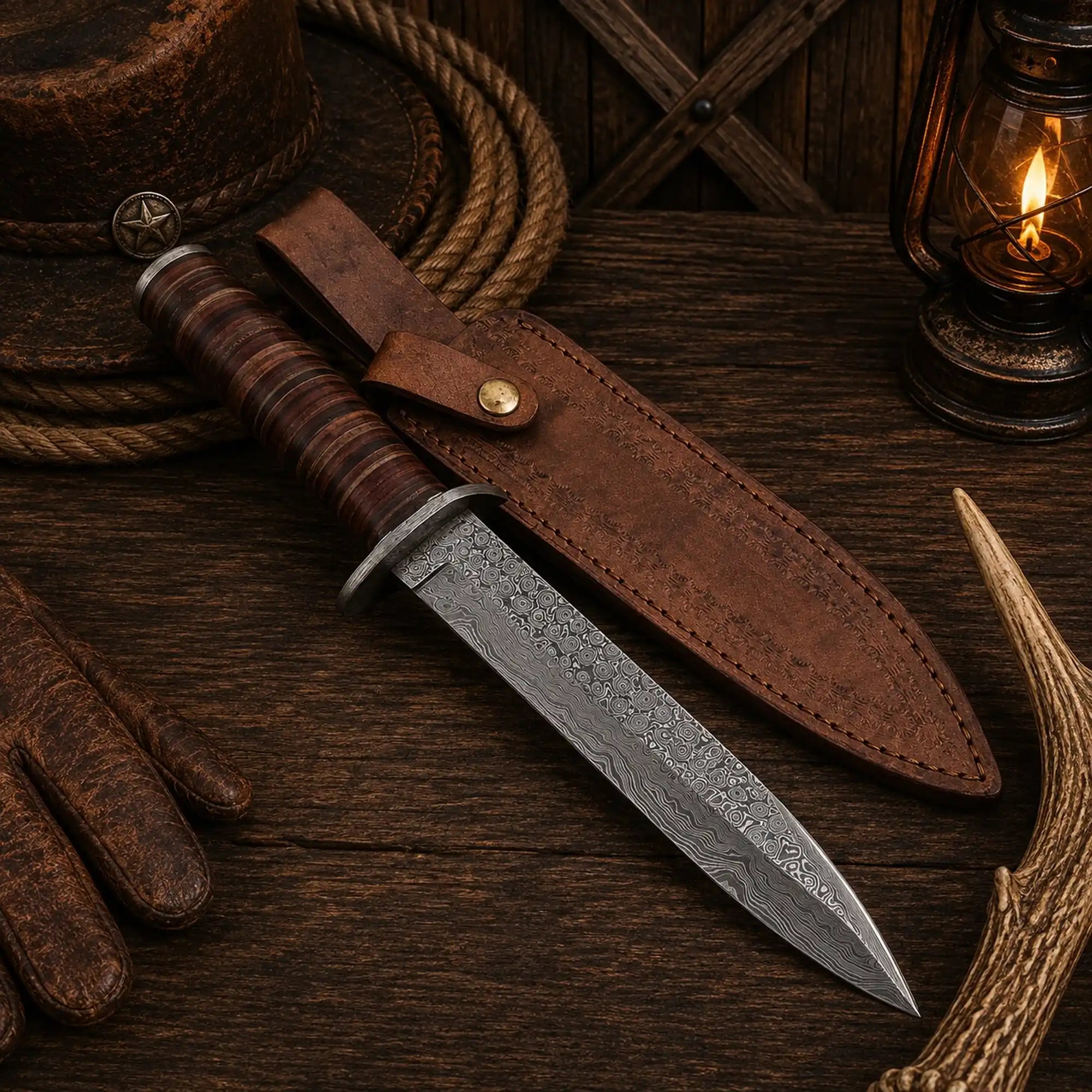 M3 Heritage Damascus Bowie Knife – Stacked Leather Handle & Sheath