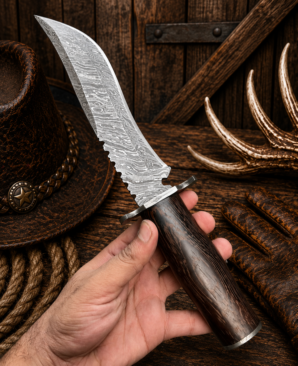 15-inch Damascus Steel Bowie knife with Wenge wood handle and leather sheath by SHAM KNIVES, showcasing its detailed craftsmanship.