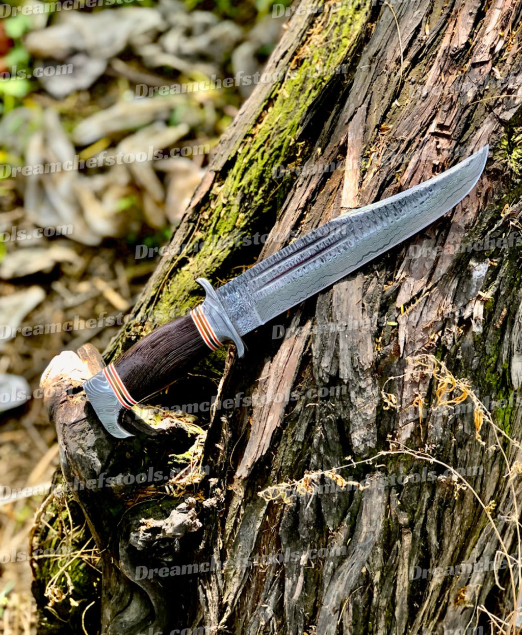 Best Custom Handmade 15" Damascus Steel Bowie Knife with Damascus Steel Guard and Colored Bone Handle – Includes Leather Sheath