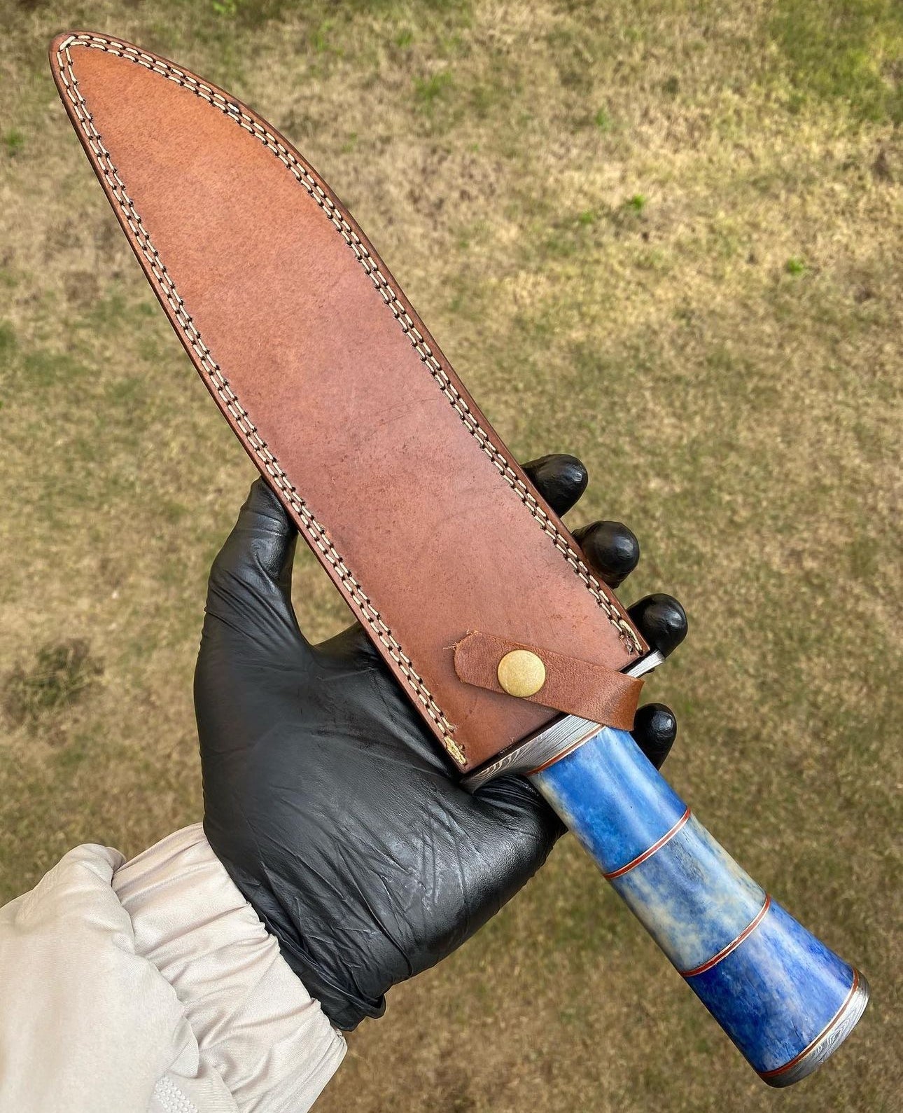 Custom Handmade 15” Damascus Steel Bowie Knife with Colored Bone Handle & Steel Guard – Includes Leather Sheath