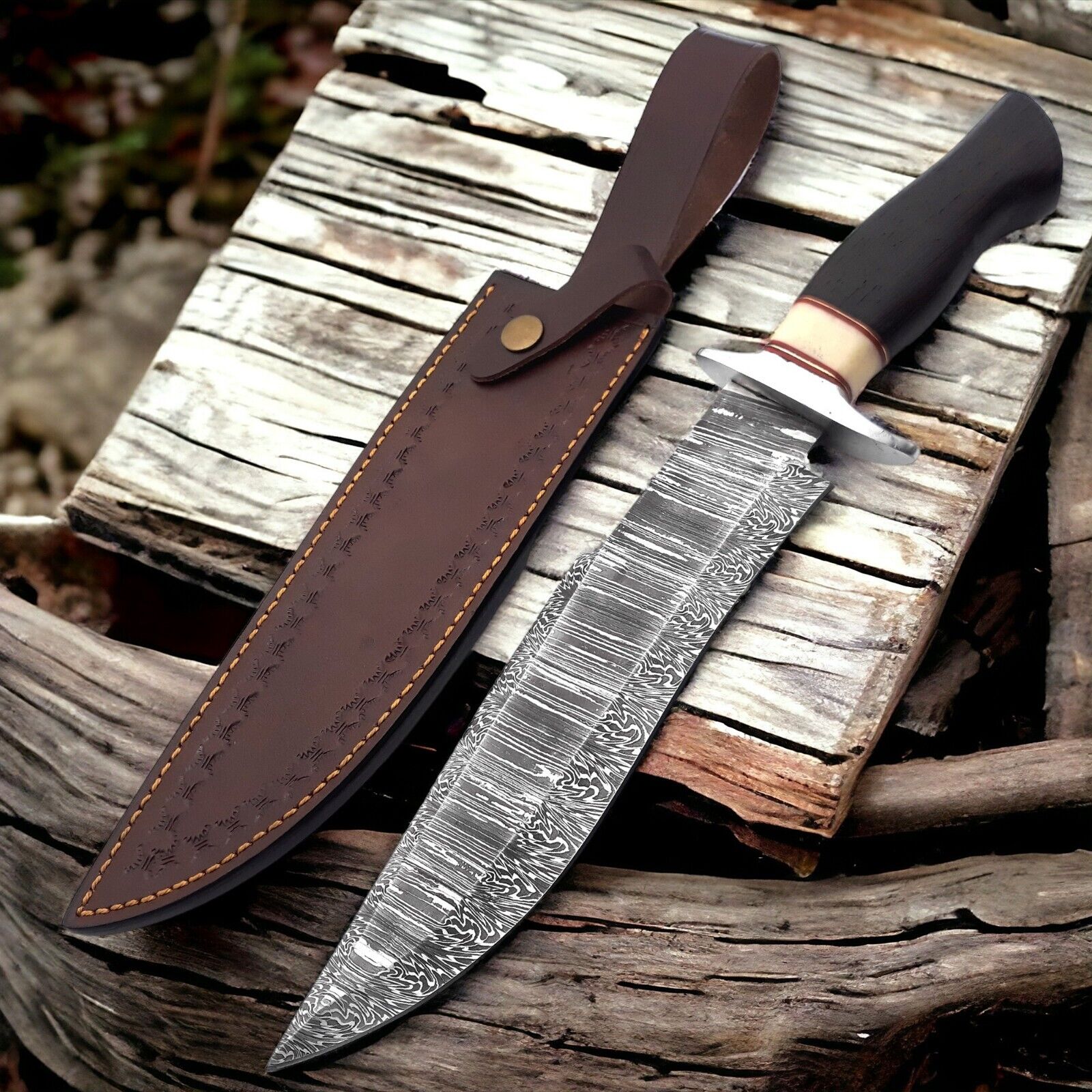 Custom Handmade Damascus Steel Hunting Bowie Knife – Wenge Wood Handle – 15" Overall Length with Leather Sheath