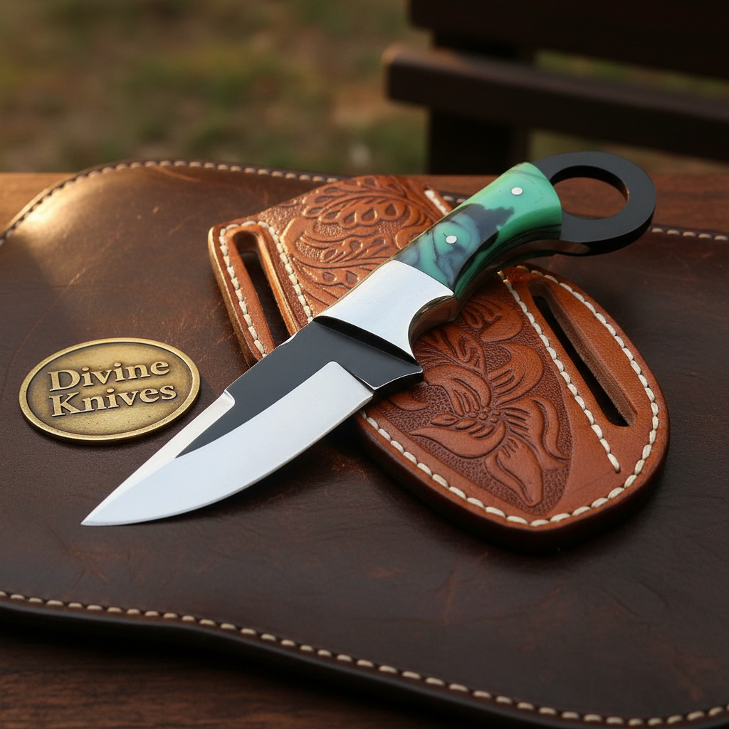Green Resin Ring Skinner Knife for Hunting and Field Work