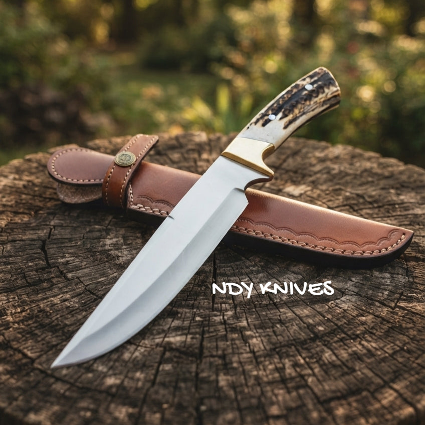13" D2 Tool Steel Bushcraft Bowie Knife with Natural Stag Handle