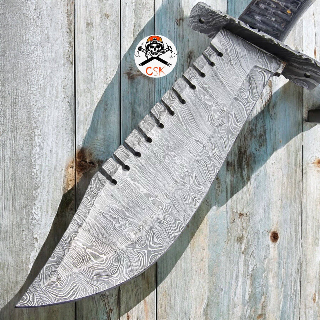 Damascus steel Timber Wolf Shark Back knife with wooden handle and lanyard hole, 15-inch length, by cskforged.