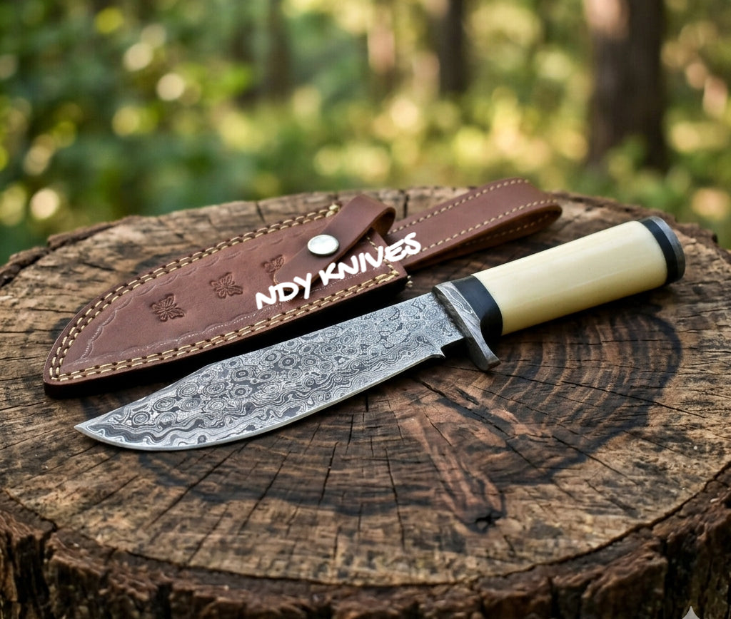 13" Damascus Bowie Knife – Bone & Bull Horn Handle