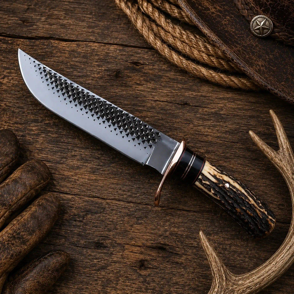 16-inch Bowie knife by SHAM KNIVES with rasp steel blade and antler horn handle, showcasing its rugged design and craftsmanship.
