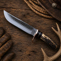 16-inch Bowie knife by SHAM KNIVES with rasp steel blade and antler horn handle, showcasing its rugged design and craftsmanship.