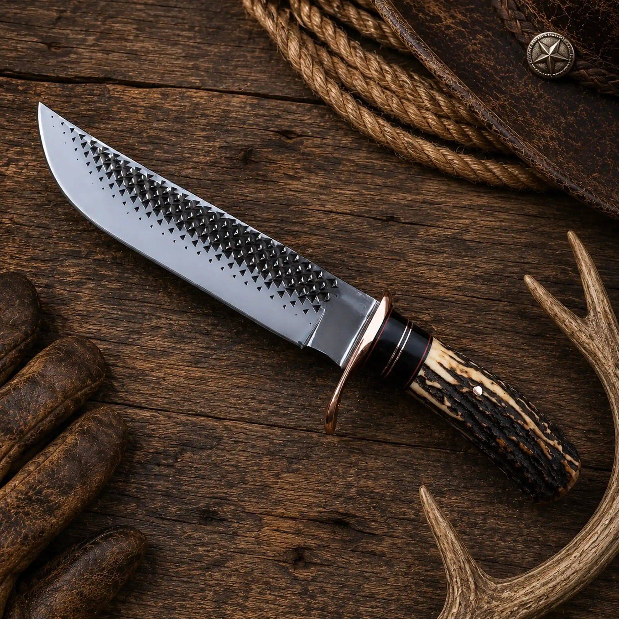 16-inch Bowie knife by SHAM KNIVES with rasp steel blade and antler horn handle, showcasing its rugged design and craftsmanship.
