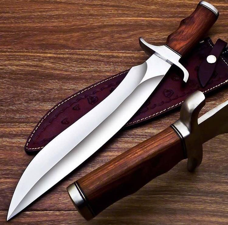 Custom Handmade 16" D2 Steel Hunting Bowie Knife with Rosewood Handle, Steel Guard, and Leather Sheath