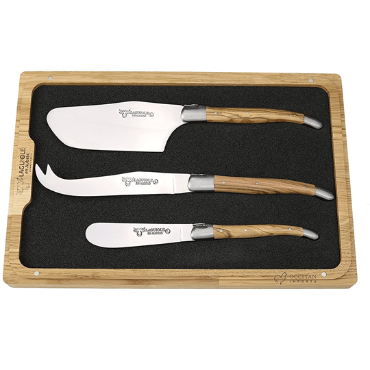 Laguiole en Aubrac Handcrafted 3-Piece Cheese Knife Set with Olivewood Handles