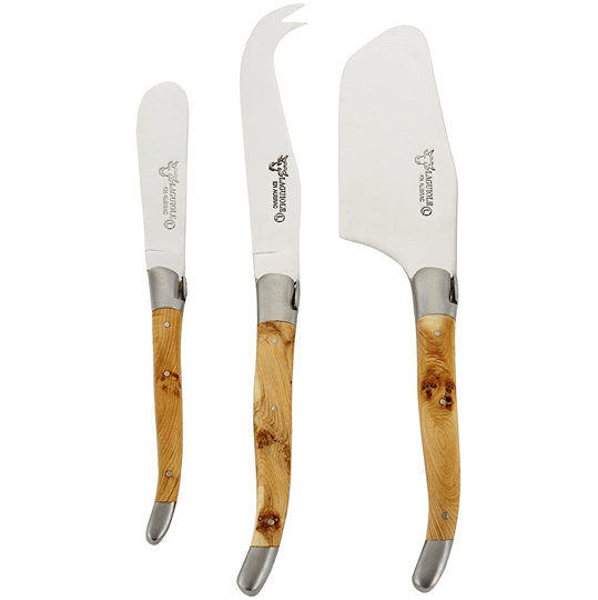 Laguiole en Aubrac Handcrafted 3-Piece Cheese Knife Set with Juniper Wood Handles