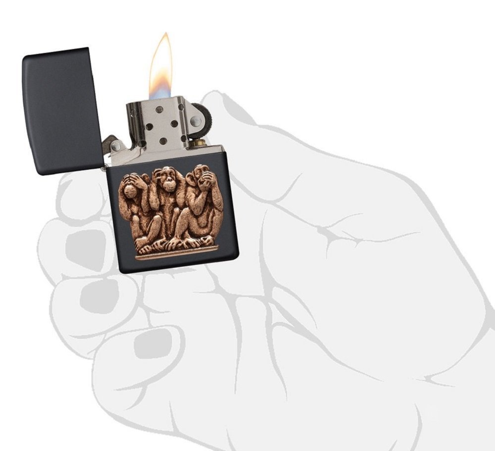 Zippo Three Monkeys Brass Emblem See No Evil, Black Matte Lighter #29409