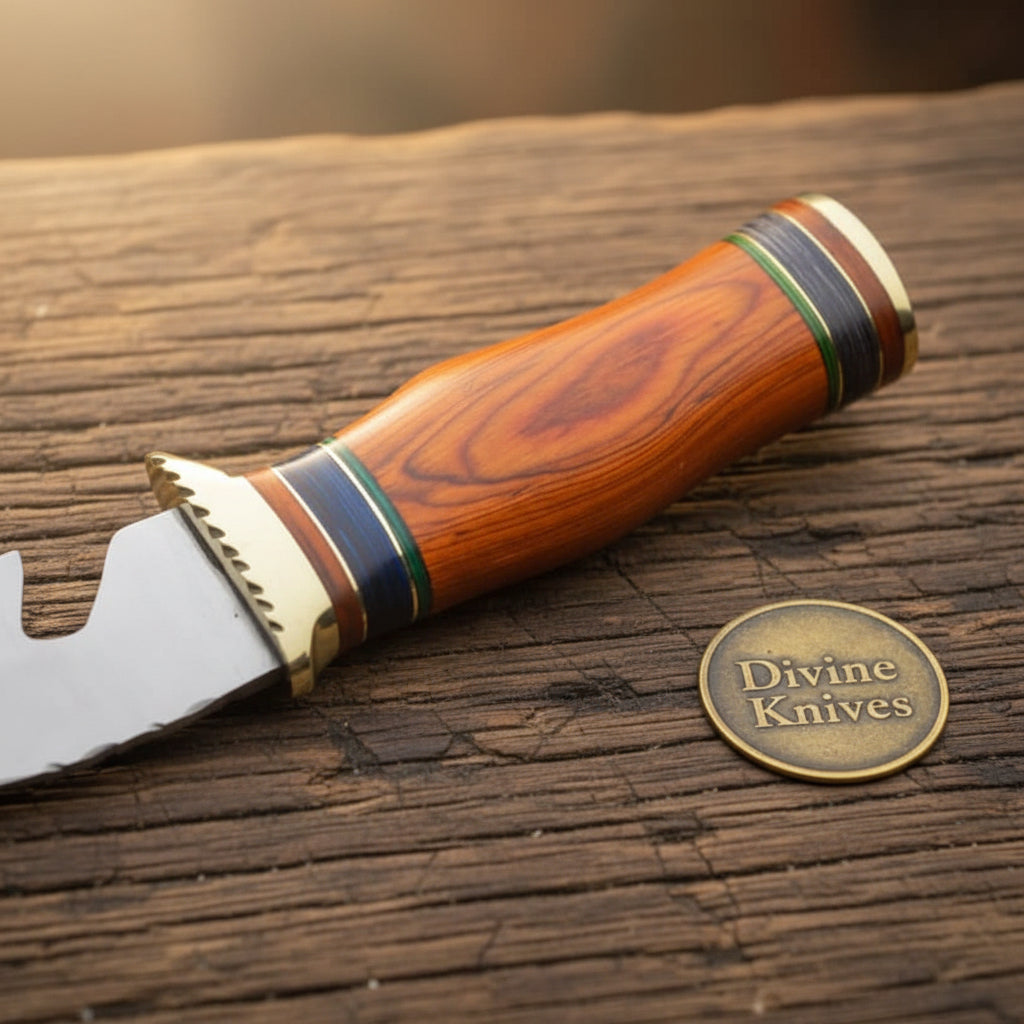 Colorful Spacer Ring Damascus Knife with Natural Tan Wood Handle