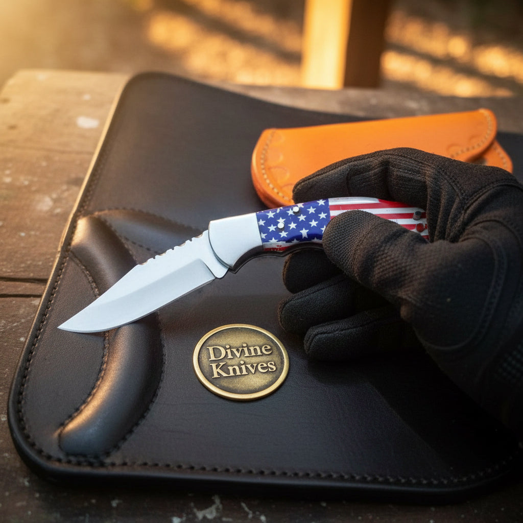 American Flag Lockback Pocket Knife with Patriotic Folding Blade
