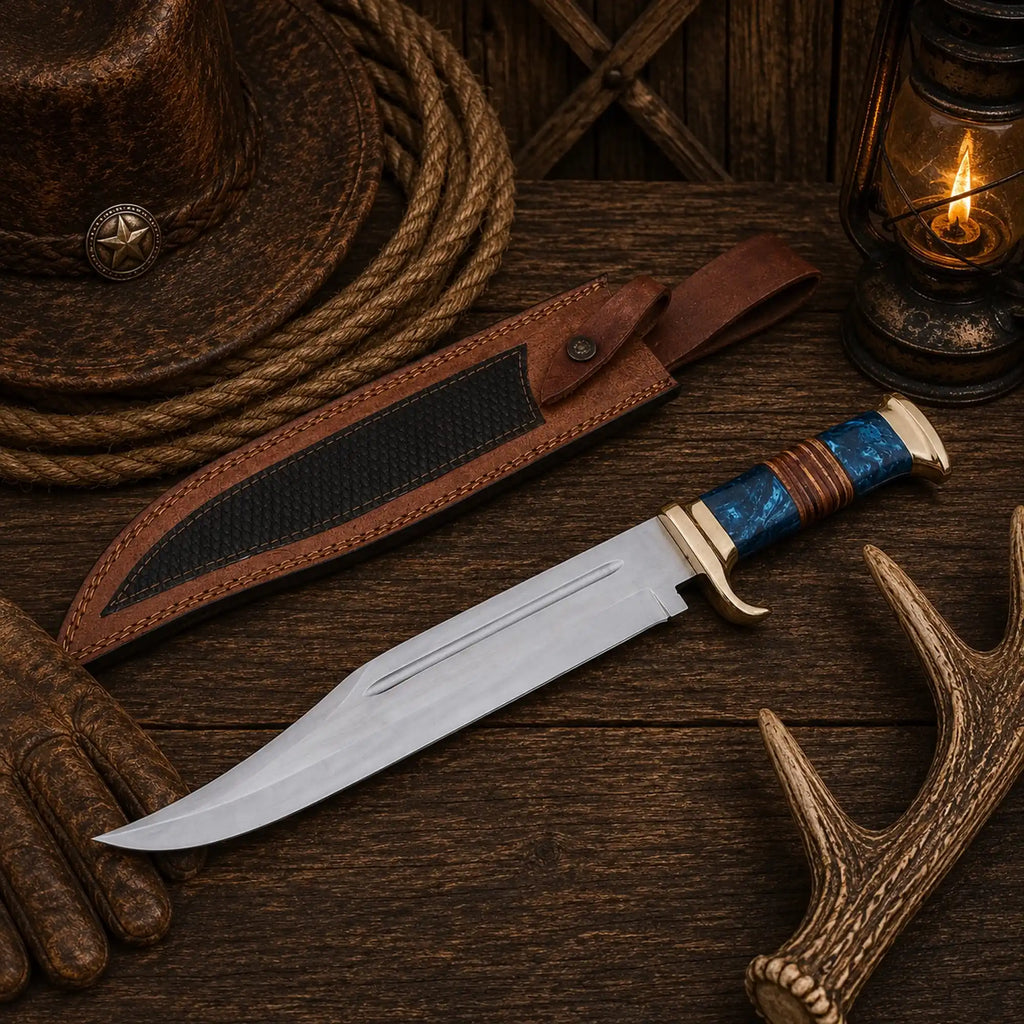 Australian Outback Bowie Knife by SHAM KNIVES with D2 steel blade and stacked leather handle, shown with brown leather sheath.