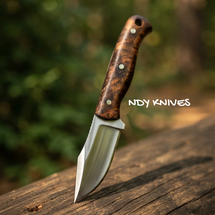 7.5" J2 Stainless Steel Skinning Knife – Fixed Blade Skinner with Walnut Wood