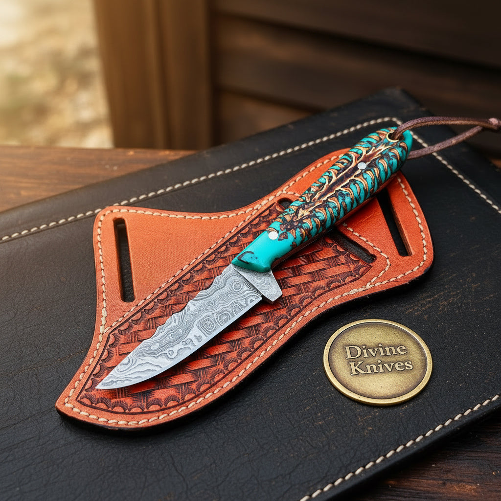 Turquoise Pinecone Damascus Cowboy Belt Knife for Outdoor Users