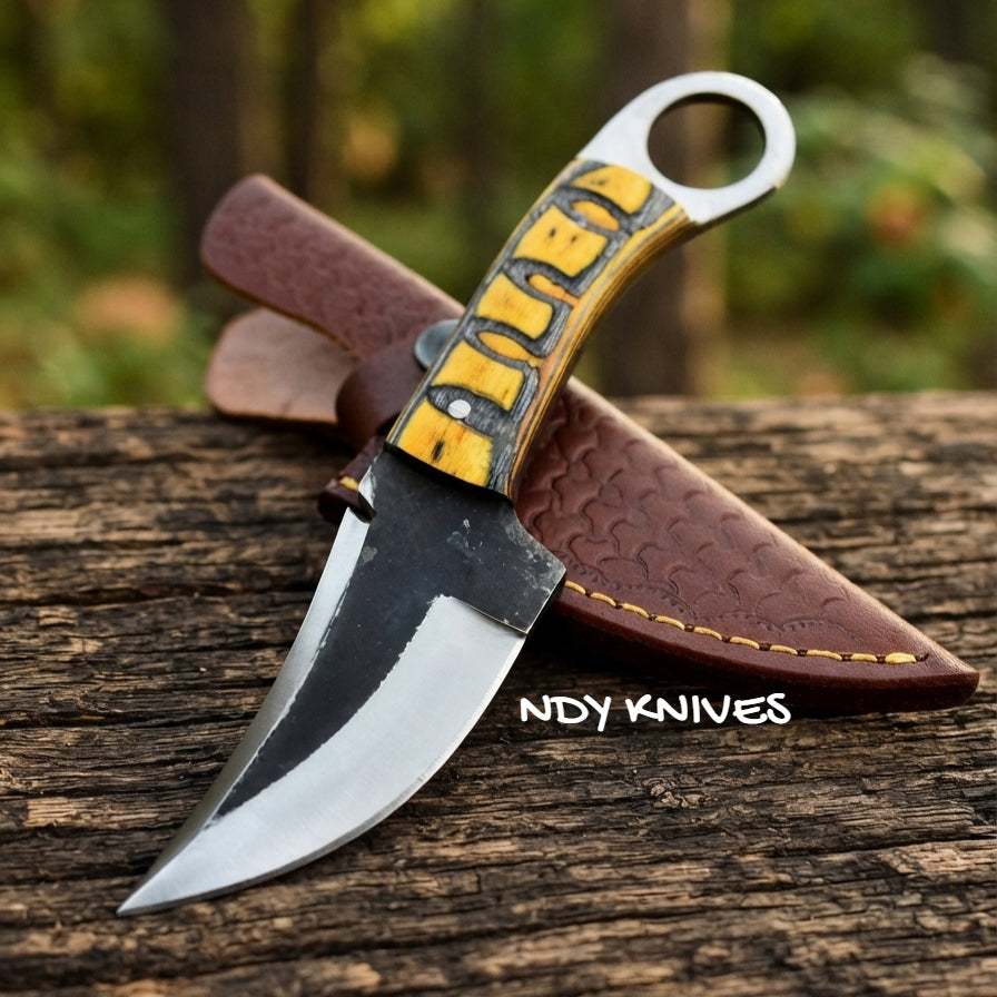 8" High Carbon Steel Skinning Knife – Fixed Blade Ring Skinner with Pakkawood