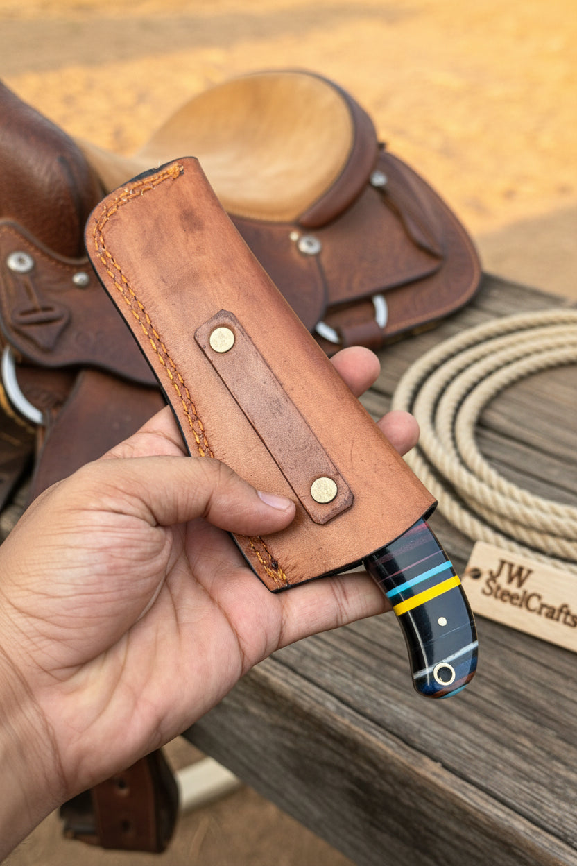 Damascus Bull Cutter Knife — Multi-Color Rainbow Resin Handle, Christian Cross Blade Engraving, Steel Bolster & Lanyard Hole