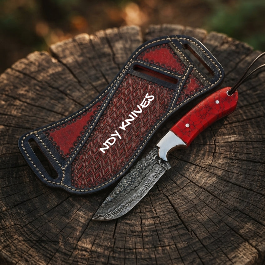 8" Damascus Steel Cowboy Knife with Crimson Red Webbed Handle