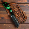 The Prairie Fire – Custom Handmade Damascus Steel Bull Cutter Knife with Epoxy Resin Handle & Leather Sheath