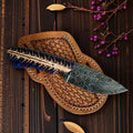 The Blue Norther – Custom Handmade Raindrop Damascus Steel Knife with Blue Epoxy Pine Cone Resin Handle & Leather Sheath