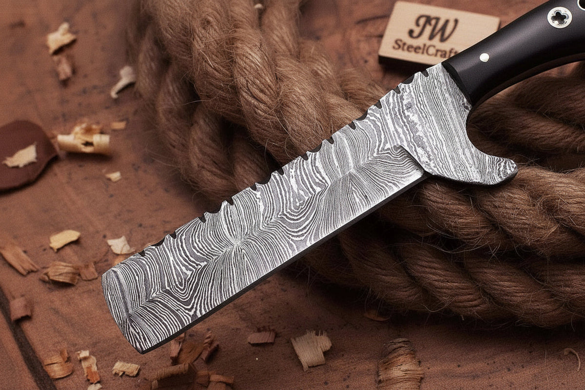 Blackhorn Bull 7 inch Damascus steel outdoor fixed blade knife with black resin handle - Relic & Reel