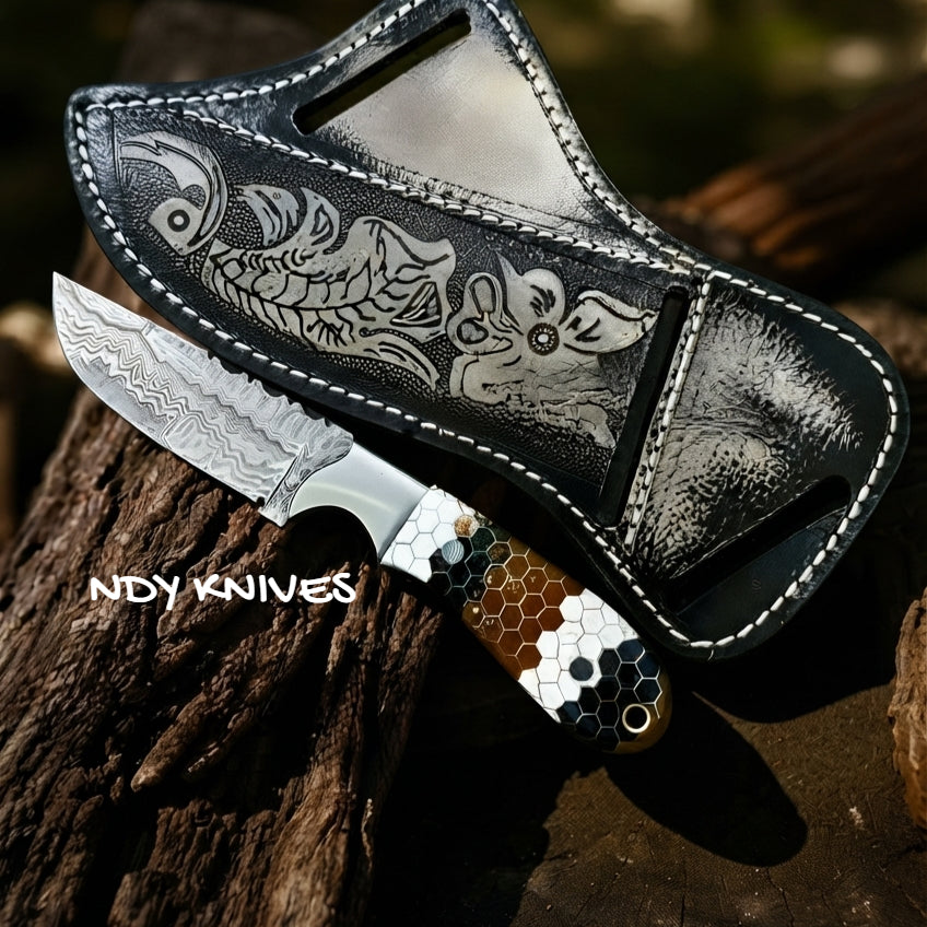 8" Damascus Steel Cowboy Knife with Multi-Tone Honeycomb Handle