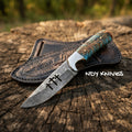 8" Damascus Steel Cowboy Knife with Turquoise Pinecone Handle & Cross Cutouts
