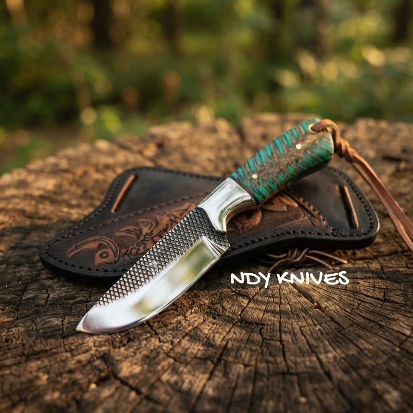 8" High-Carbon Rasp Steel Cowboy Knife with Turquoise Pinecone Handle
