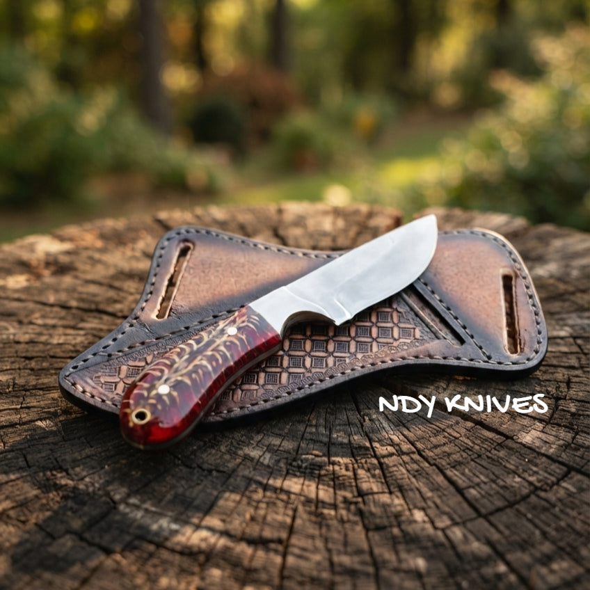 8" D2 Tool Steel Cowboy Skinner with Crimson Pinecone Handle