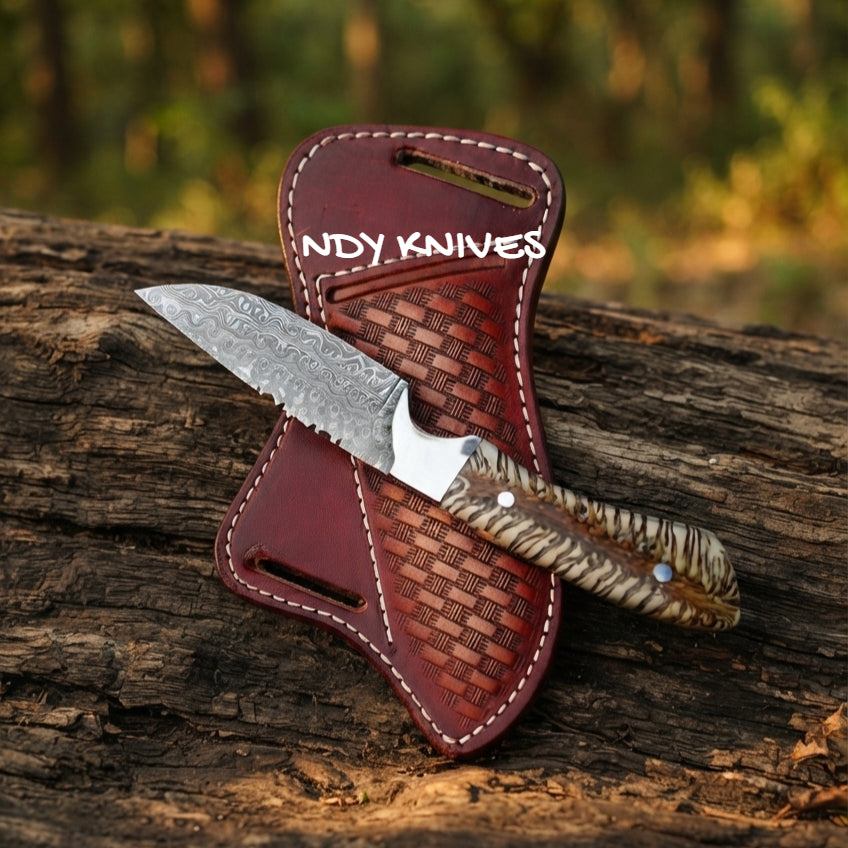 8" Damascus Steel Cowboy Knife with Amber & Cream Pinecone Handle