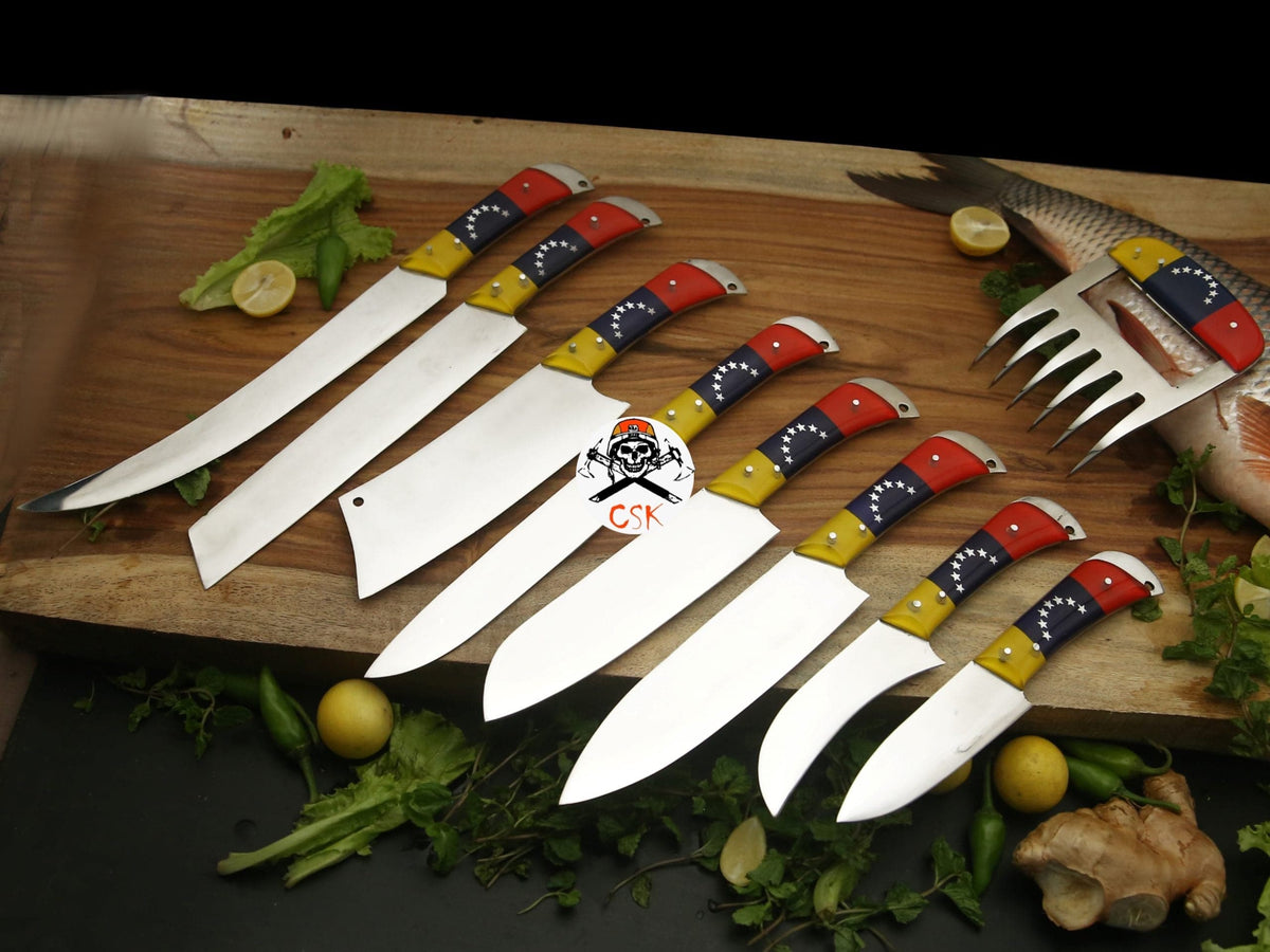 White steel Venezuela chef knife by cskforged, featuring a sharp blade and ergonomic handle for precise culinary prep.