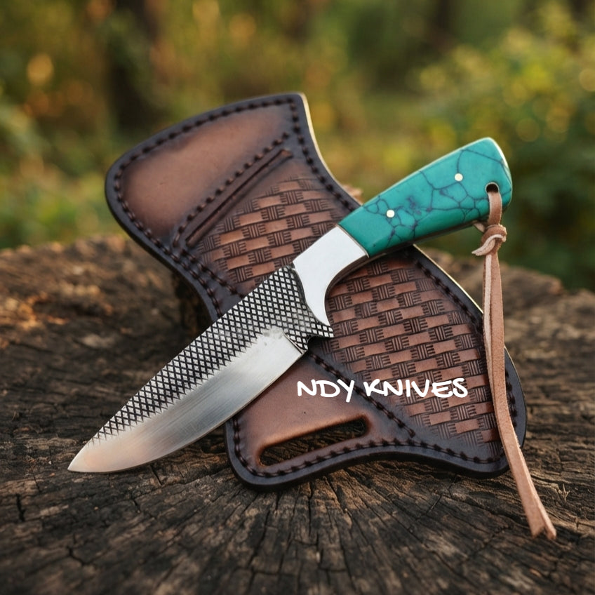 8" High-Carbon Rasp Steel Cowboy Knife with Turquoise Handle