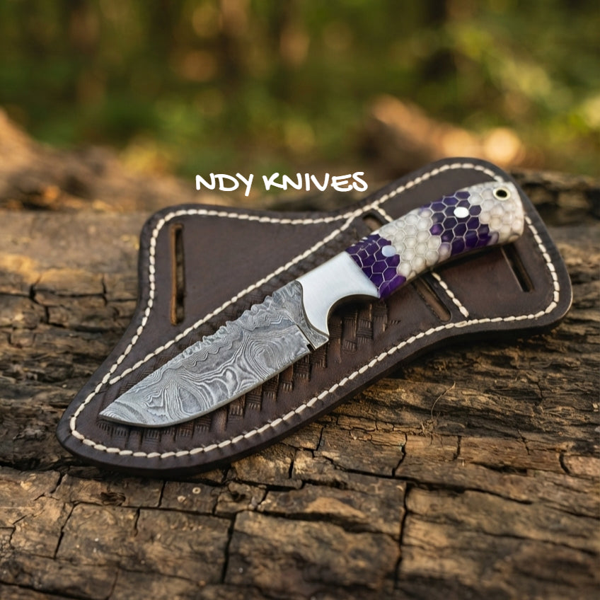 8" Damascus Steel Cowboy Knife with Purple & White Honeycomb Handle