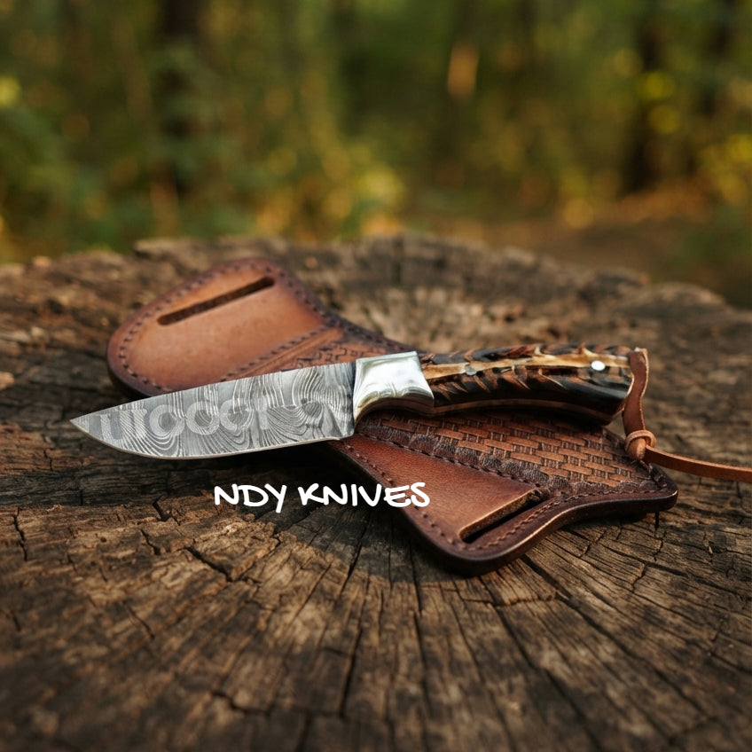 8" Damascus Steel Cowboy Knife with Amber Pinecone Resin Handle