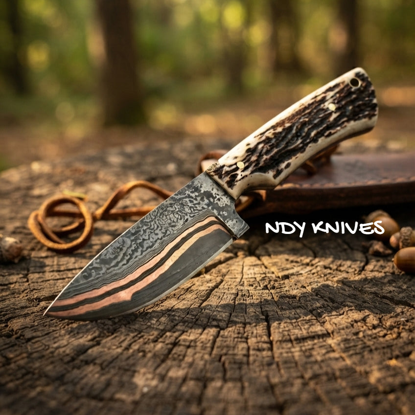 9" Copper Damascus Hunting Knife with Stag Horn Handle