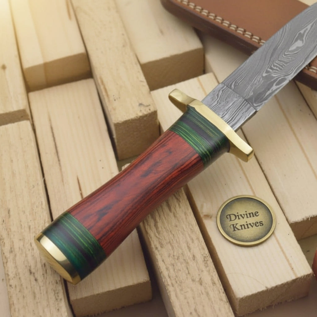 Minimalist Dark Wood Damascus Knife with a Single Green Ring Detail