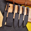 Set of Knives Gear Garage kitchen knives including chef, paring, and bread knives with wooden handles on a cutting board.
