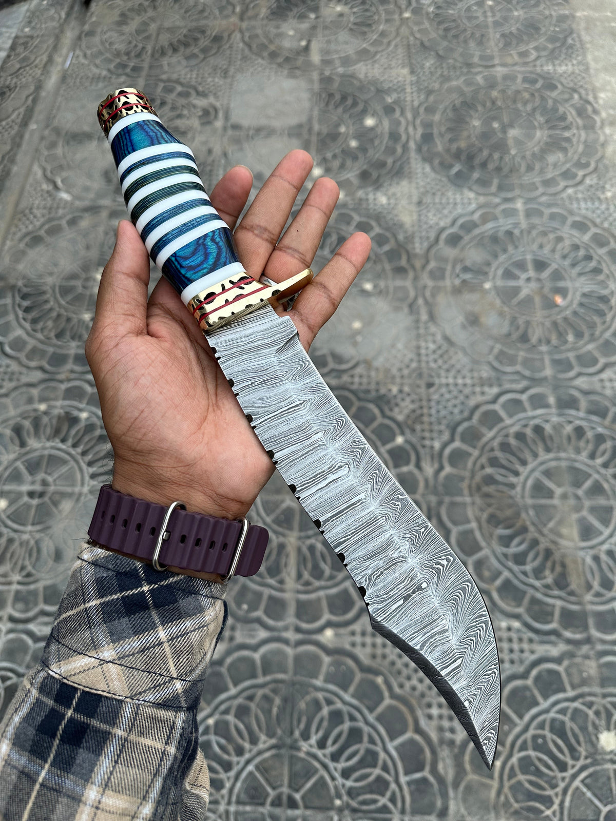 14-inch Damascus steel Bowie knife with exotic Pakka wood handle, brass guard, and spacers from Knives Gear Garage.