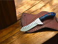 Handmade 8-inch western belt knife with a Damascus steel blade and leather sheath, ideal for outdoor adventures.