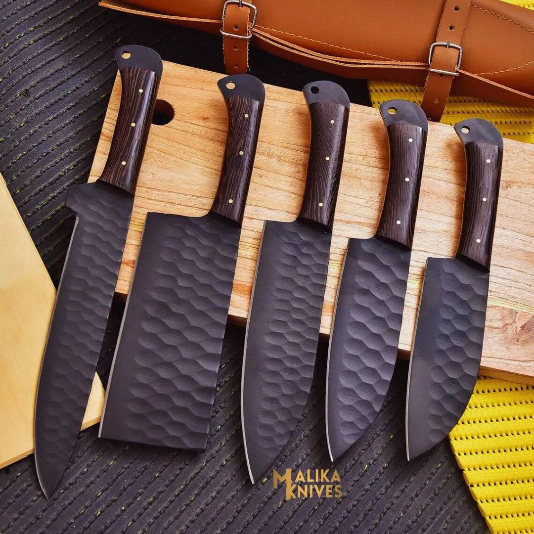 Set of MALIKA KNIVES EDC kitchen knives for home chefs, featuring three stainless steel kitchen knives with wooden handles.
