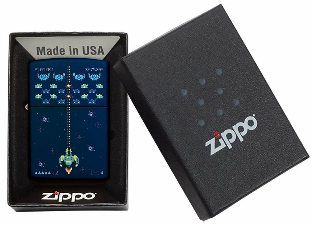 Zippo Space Invaders Pixel Retro Game, Navy Blue Matte Lighter #49114